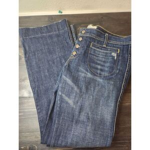 Womans Boot Cut Jeans Sz‎ 12  Button Fly Ultra Low Rise Patch pockets Distressed